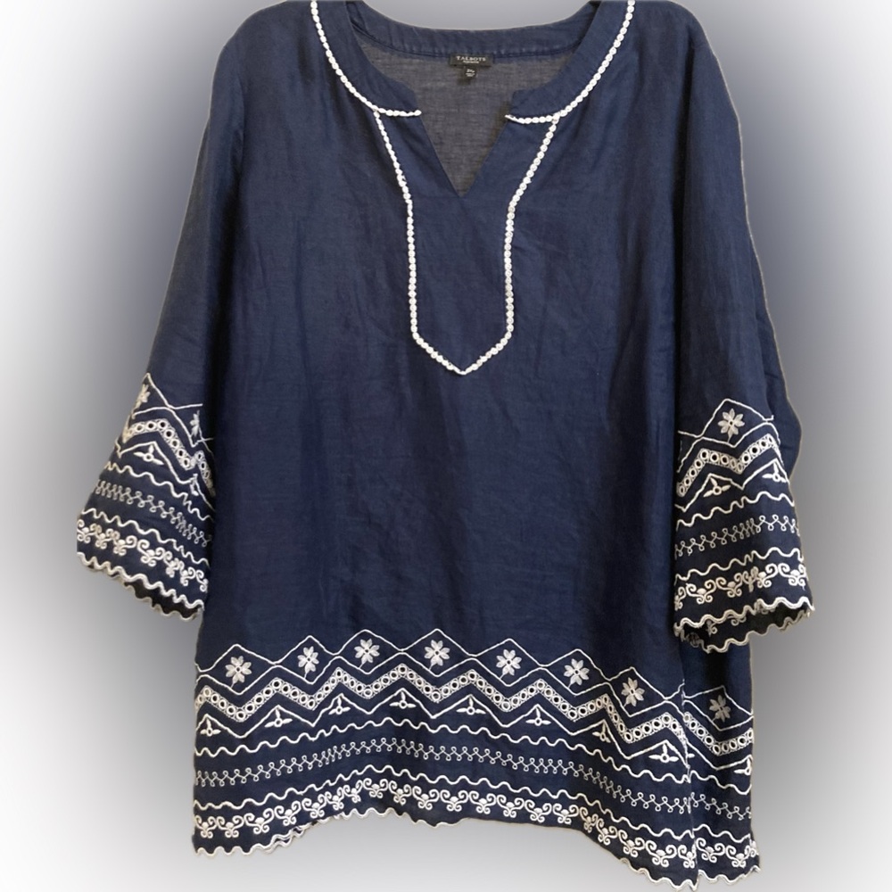 Talbots Navy and White Embroidered Tunic
